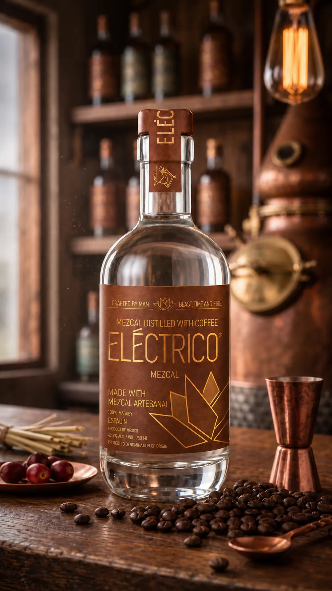 Mezcal Espadín distilled with coffee bottle