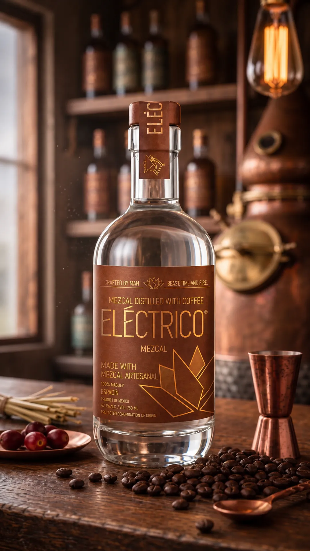 Mezcal Espadín distilled with coffee bottle